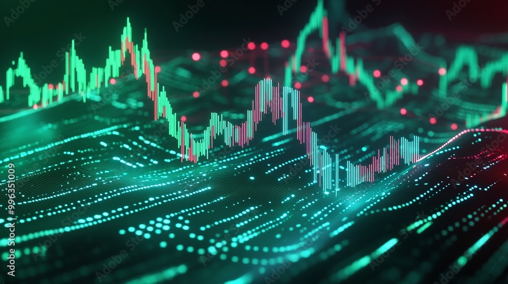 Abstract digital financial graph with vibrant colors showing data trends and fluctuations. Abstract digital financial graph with vibrant colors showing data trends and fluctuations.