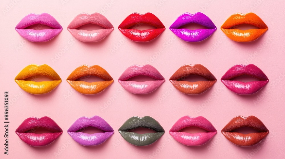 Obraz premium A collection of colorful lips in various shades on a soft pastel background, creating a fun, fashion-forward image.