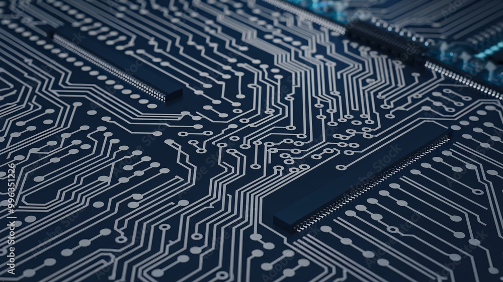 A detailed, high-resolution close-up of a blue circuit board, showcasing intricate electrical pathways and microchip components. Ideal for illustrating modern electronics, computing. A detailed, high-resolution close-up of a blue circuit board, showcasing intricate electrical pathways and microchip components. Ideal for illustrating modern electronics, computing.