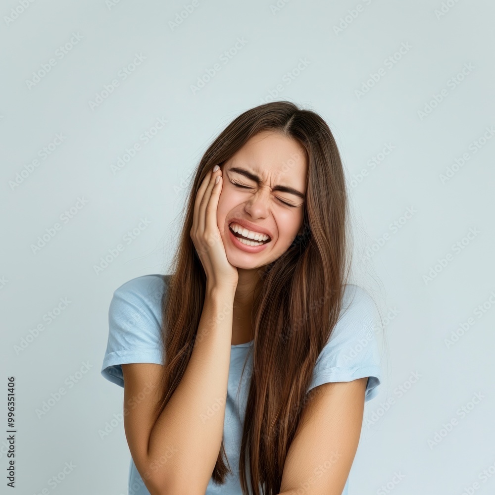 A woman is experiencing tooth pain shirt face blue. A woman is experiencing tooth pain shirt face blue.