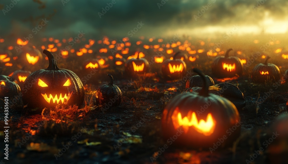 Pumpkin Patch Aglow with Jack-o'-Lanterns in Spooky Night Setting Pumpkin Patch Aglow with Jack-o'-Lanterns in Spooky Night Setting