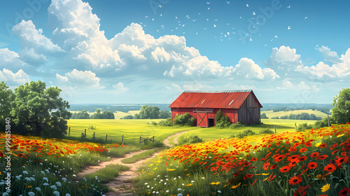 In a tranquil countryside setting, a charming red barn is surrounded by colorful poppy and daisy fields under a clear blue sky, creating an idyllic and picturesque rural scene