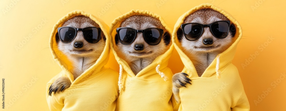 Meerkat in a group, vibrant bright fashionable outfits isolated on solid background advertisement, copy text space. Birthday party invitation banner. Meerkat in a group, vibrant bright fashionable outfits isolated on solid background advertisement, copy text space. Birthday party invitation banner.