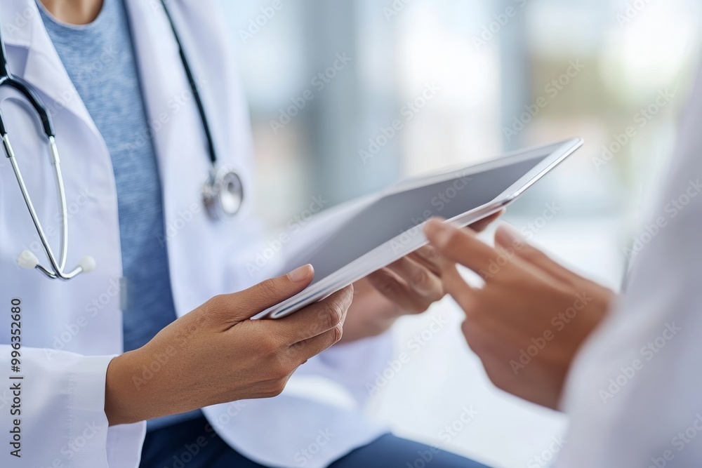 At a health clinic, doctors discuss over a tablet PC