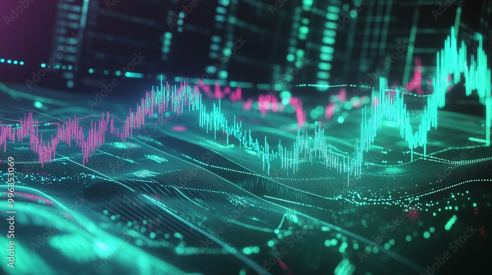 Abstract digital graph representing market trends with vibrant colors and dynamic patterns. Abstract digital graph representing market trends with vibrant colors and dynamic patterns.