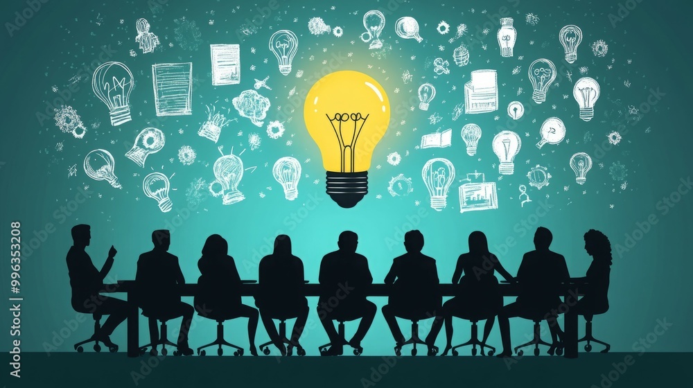 Silhouettes of people in a meeting with a lightbulb representing an idea. Silhouettes of people in a meeting with a lightbulb representing an idea.