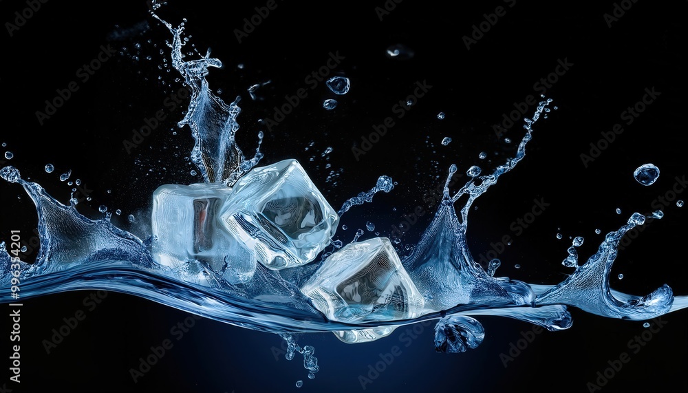 Ice Cubes Splashing into Clear Water with Droplets in Motion Captured ...