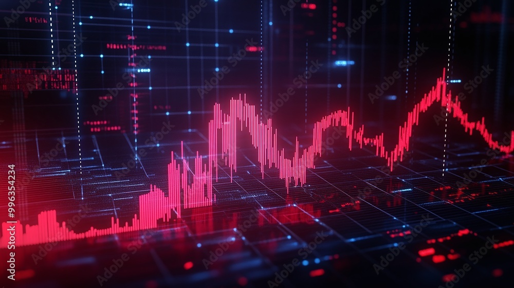 Abstract digital graph visualization with red and blue lines on a dark background, representing data analytics. Abstract digital graph visualization with red and blue lines on a dark background, representing data analytics.