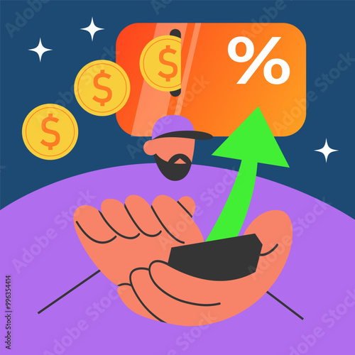 Loyalty program bonus card with boy in app. Earn points and gold coins cash back. Flat vector illustration in cartoon style.