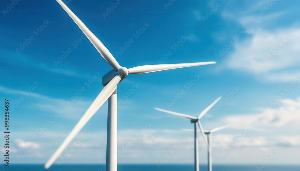 Large wind turbine field on a coastline, symbolizing offshore wind power and emissions reduction, offshore wind, clean energy transition Large wind turbine field on a coastline, symbolizing offshore wind power and emissions reduction, offshore wind, clean energy transition