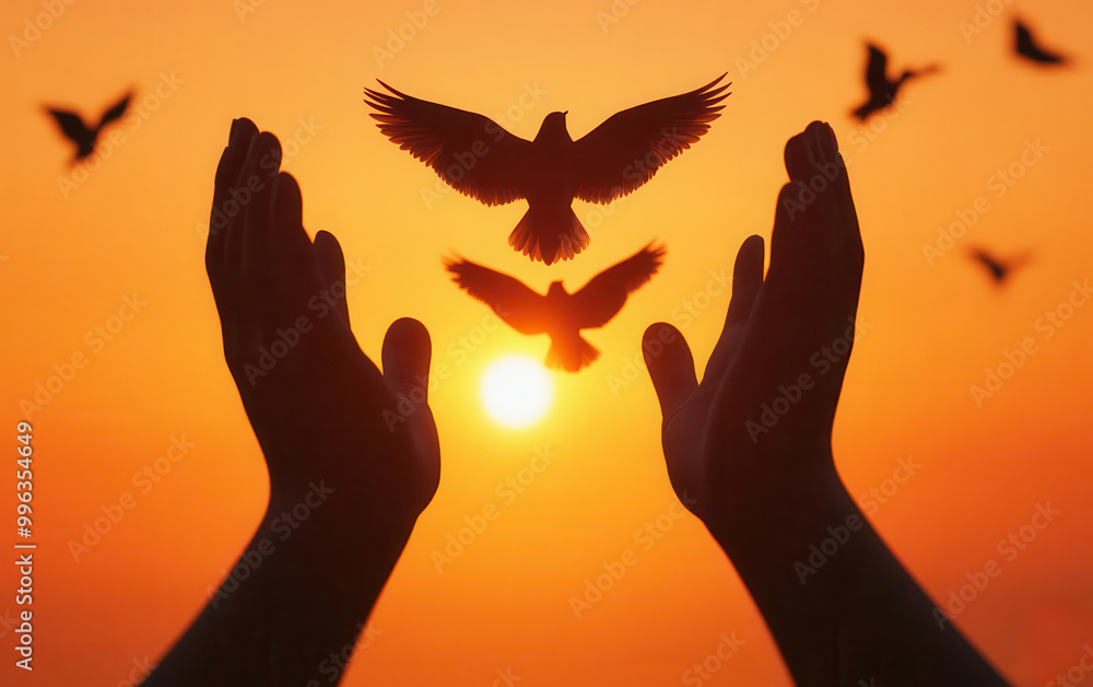 Fototapeta premium Outstretched hands letting go of birds, with a vivid orange sunset framing the moment of release, freedom, sunset flight of hope