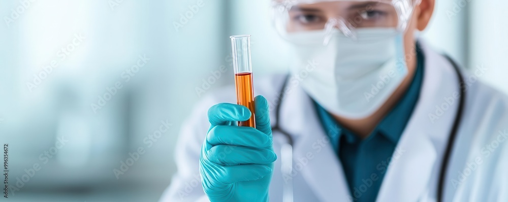 Medical researcher in a sterile lab environment holding a test tube while wearing gloves and a mask, medical research, laboratory safety Medical researcher in a sterile lab environment holding a test tube while wearing gloves and a mask, medical research, laboratory safety