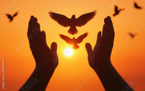 Outstretched hands letting go of birds, with a vivid orange sunset framing the moment of release, freedom, sunset flight of hope