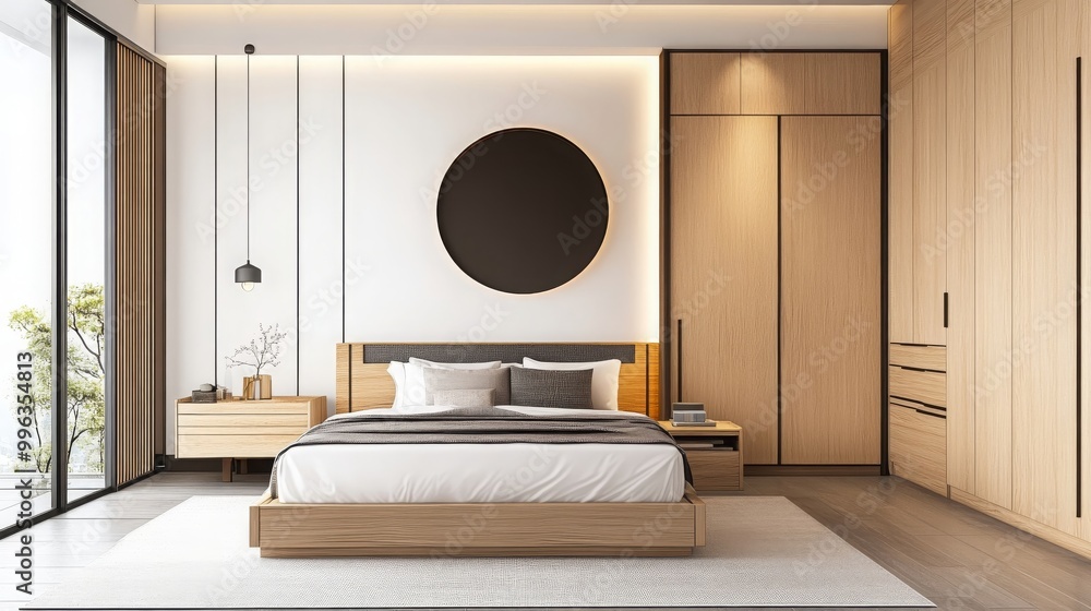 Fototapeta premium Modern Minimalist Bedroom Interior Design with Wooden Accents