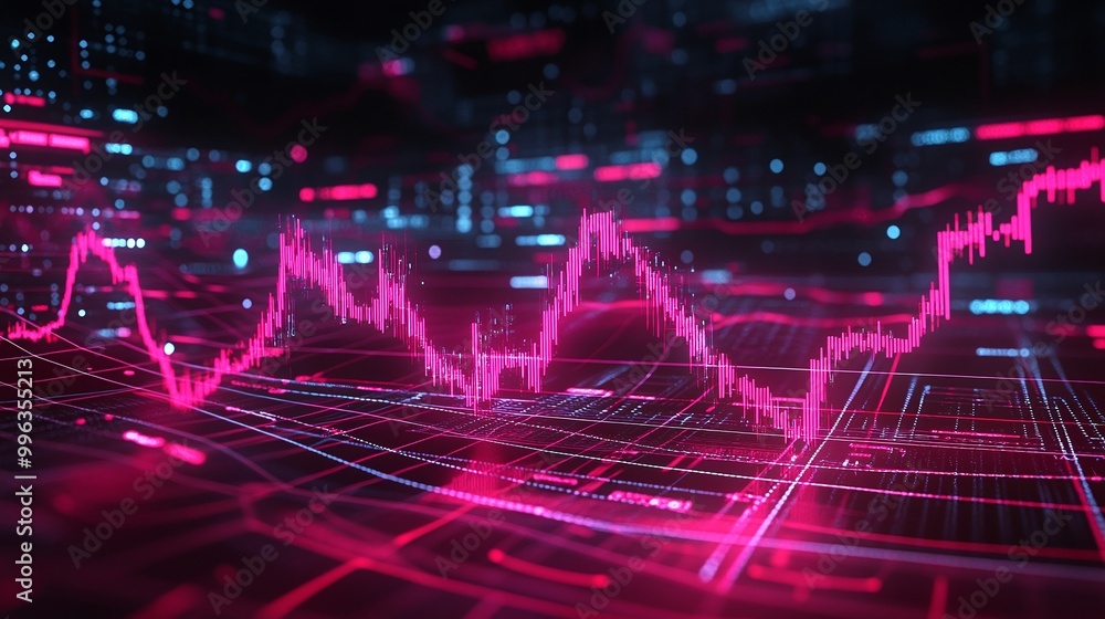 Abstract digital graph with glowing pink lines and data points on a futuristic background. Abstract digital graph with glowing pink lines and data points on a futuristic background.
