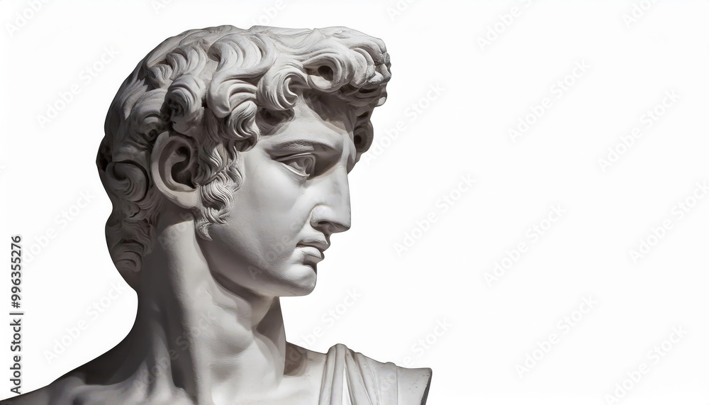 Close-up of Classical Marble Sculpture of a Male Figure with Curled Hair, Captured in an Intense Side Profile Against a Minimalist White Background, Highlighting the Intricate Details of the Carving Close-up of Classical Marble Sculpture of a Male Figure with Curled Hair, Captured in an Intense Side Profile Against a Minimalist White Background, Highlighting the Intricate Details of the Carving