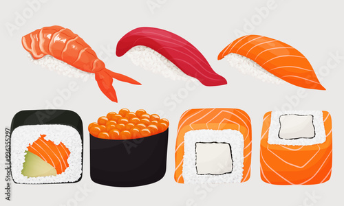 Set of sushi and sashimi. A traditional Japanese dish. Rice with fish. Delicious restaurant food. Vector illustration