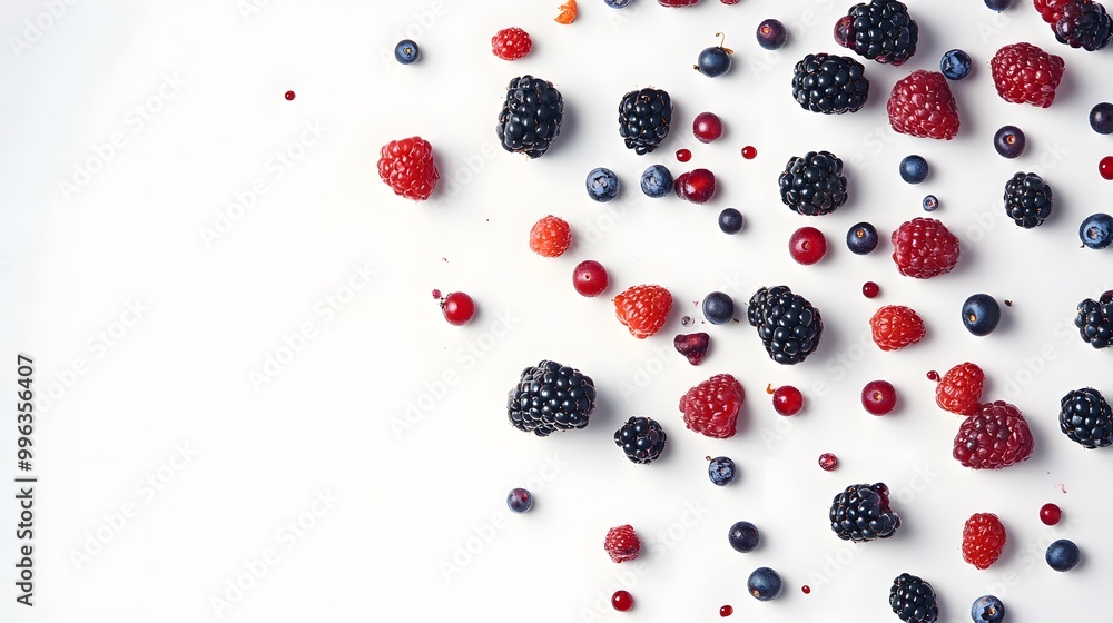 Mixed berries tumbling down against a clean white background Mixed berries tumbling down against a clean white background
