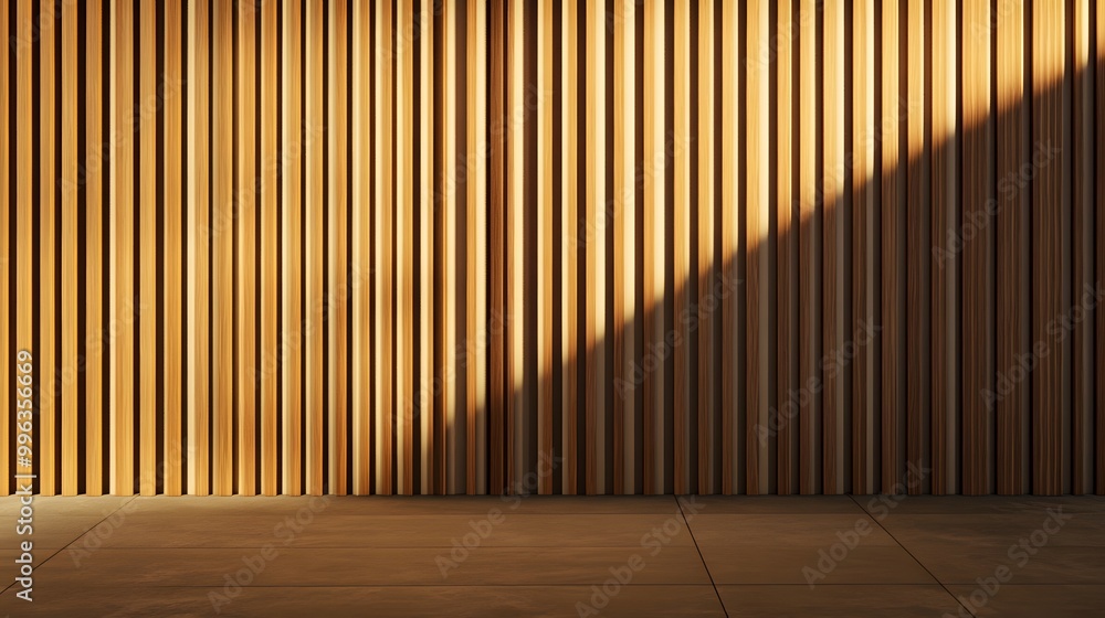 A minimalist background featuring a wall of vertical wood panels with a slanted beam of sunlight. A minimalist background featuring a wall of vertical wood panels with a slanted beam of sunlight.