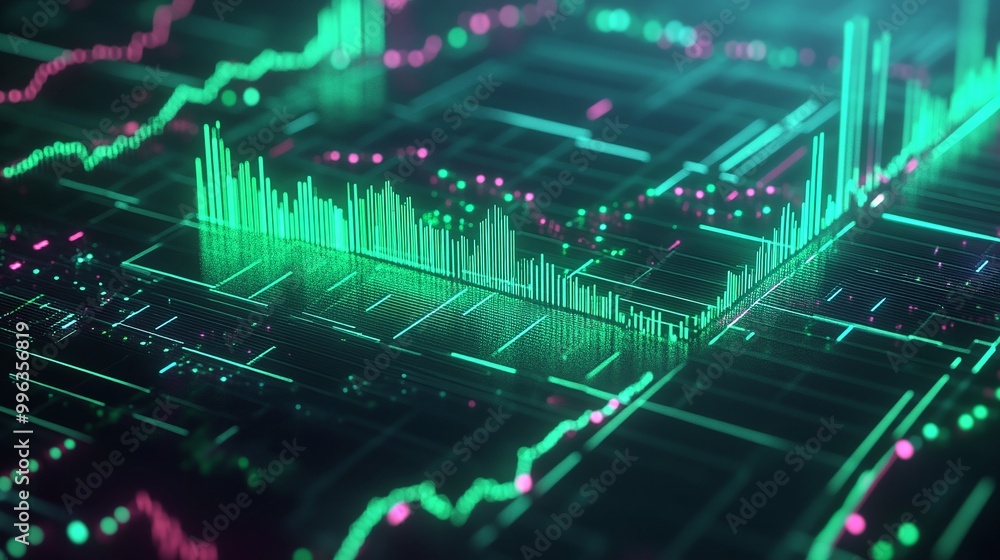 Abstract digital graph with vibrant green and pink bars and lines representing market fluctuations. Abstract digital graph with vibrant green and pink bars and lines representing market fluctuations.