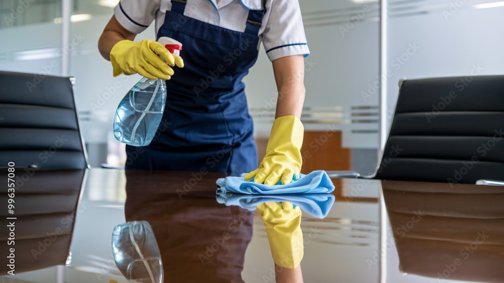 Fototapeta premium Office Cleaning Staff Sanitizing Conference Table. A dedicated cleaning professional in a blue uniform and yellow gloves meticulously cleans a glass table in a contemporary office setting. 