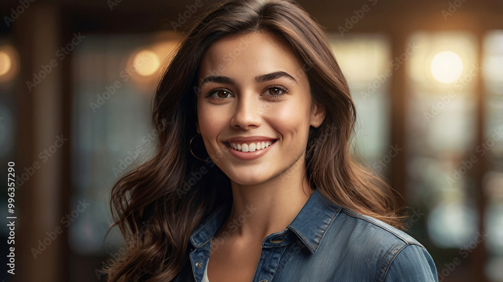 Portrait of an attractive young brunette woman, she has a cheerful expression with a warm smile. Portrait of an attractive young brunette woman, she has a cheerful expression with a warm smile.