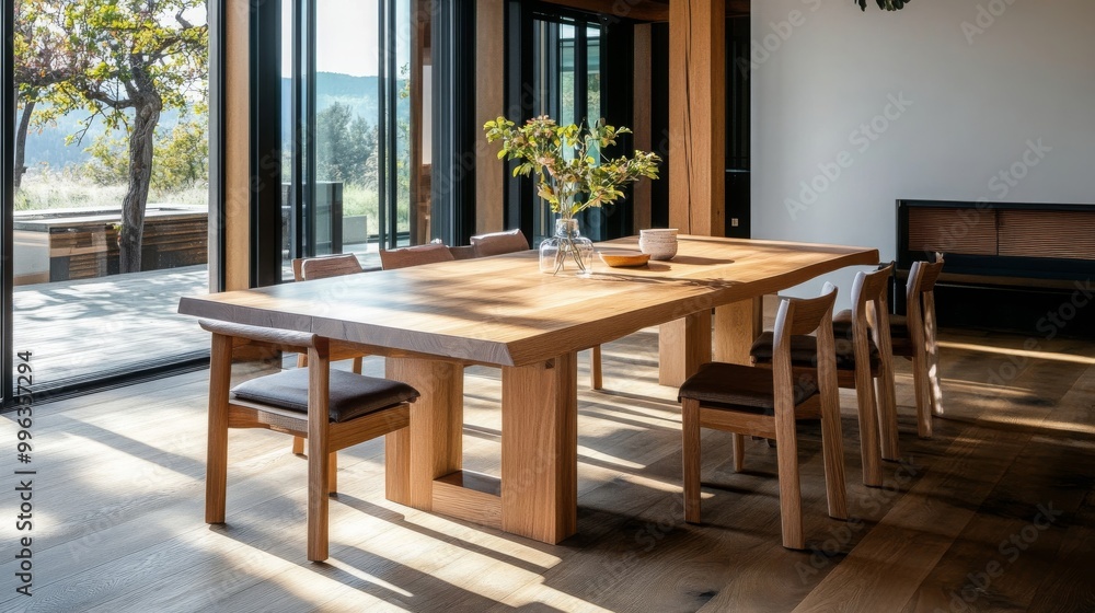 Modern Wooden Dining Table and Chairs in Sunlit Room Modern Wooden Dining Table and Chairs in Sunlit Room