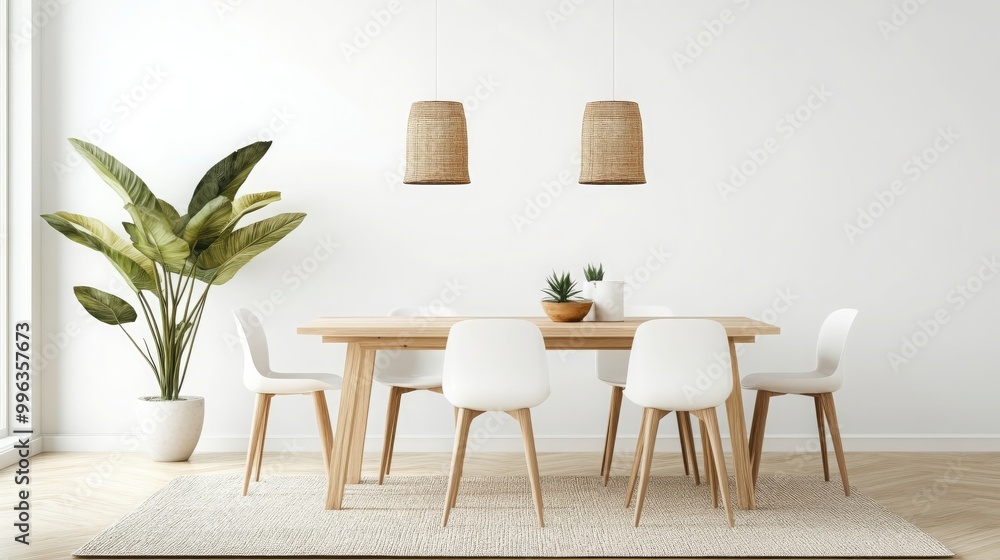 Modern Minimalist Dining Room with White Chairs and Wooden Table Modern Minimalist Dining Room with White Chairs and Wooden Table