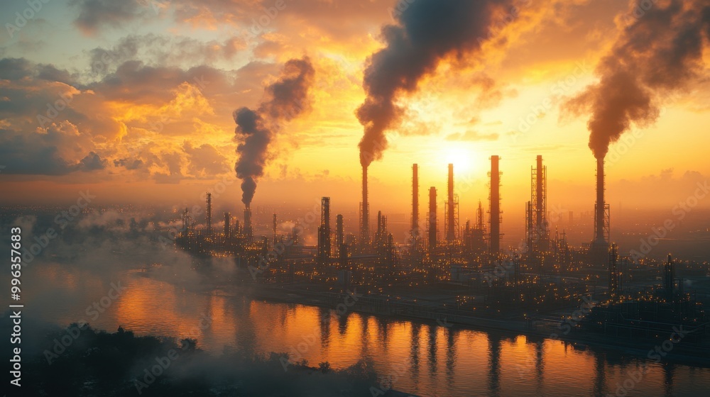 Industrial skyline with smokestacks beneath a vibrant sunset, reflecting on water surface. Industrial skyline with smokestacks beneath a vibrant sunset, reflecting on water surface.