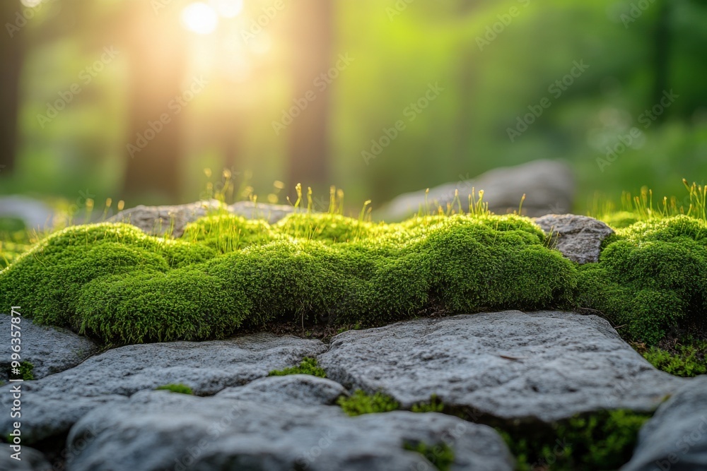 Lush green moss covering stones in a sunlit forest setting. Lush green moss covering stones in a sunlit forest setting.