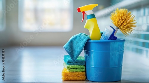 Cleaning lady with a bucket in hand, cleaning lady holding a bucket of cleaning products in her hands. photo