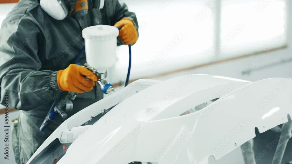 Car body painting process in an auto shop during the day using a spray gun for a smooth finish Car body painting process in an auto shop during the day using a spray gun for a smooth finish