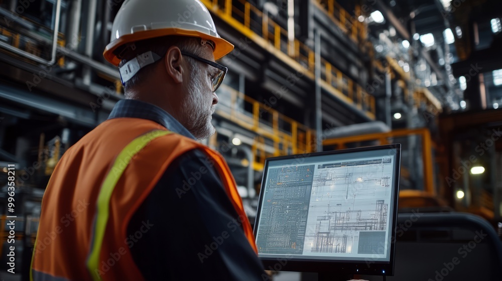 Industrial Worker Examining Blueprint on Computer Industrial Worker Examining Blueprint on Computer