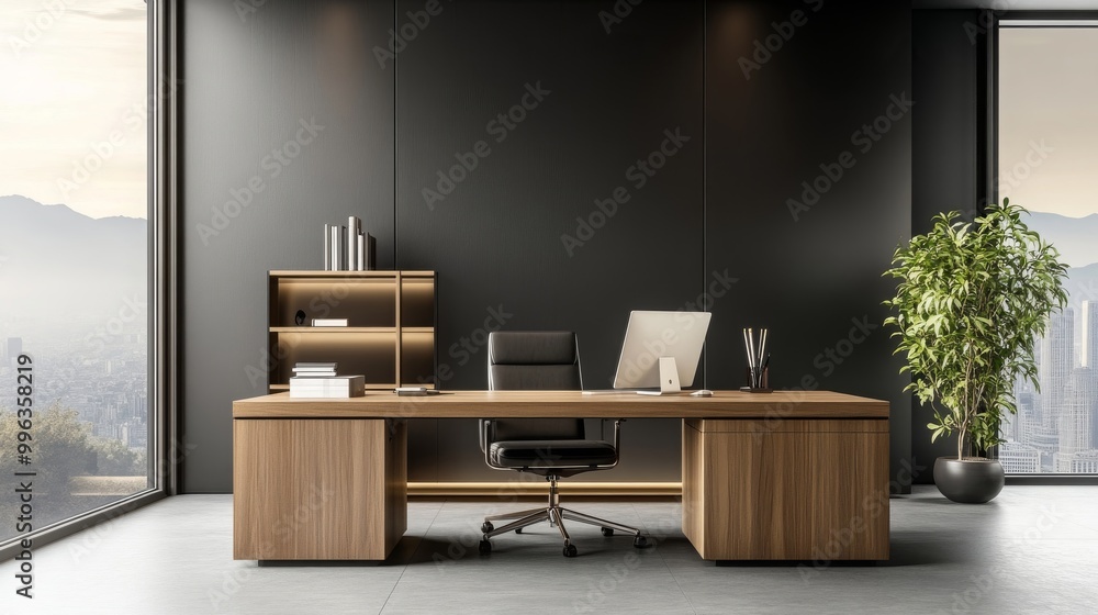 Modern Office Desk with City View and Plant Modern Office Desk with City View and Plant