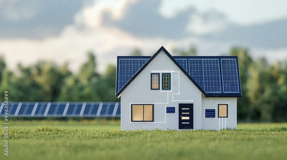 Modern house with solar panels in a green field under a cloudy sky. Modern house with solar panels in a green field under a cloudy sky.