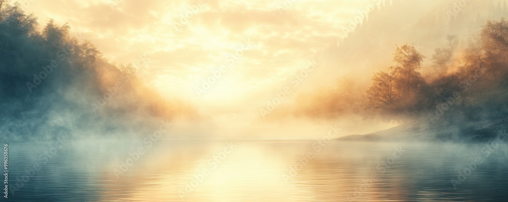 Fototapeta premium Serene landscape with misty water reflecting sunrise and trees in soft light.