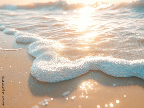 Soft ocean waves gently rolling onto a sandy beach at sunset, creating a tranquil and serene atmosphere.