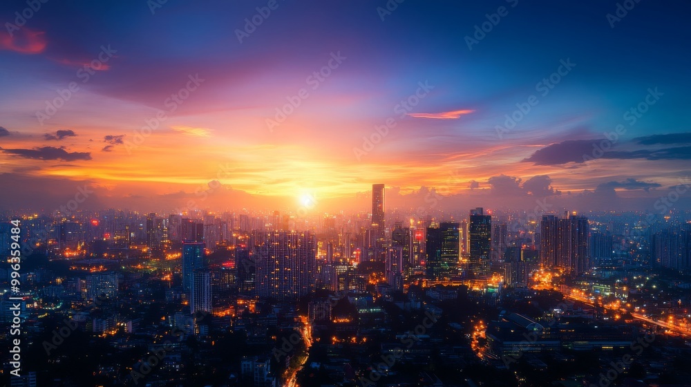 Obraz premium Cityscape Sunset Skyline Urban Buildings Golden Hour