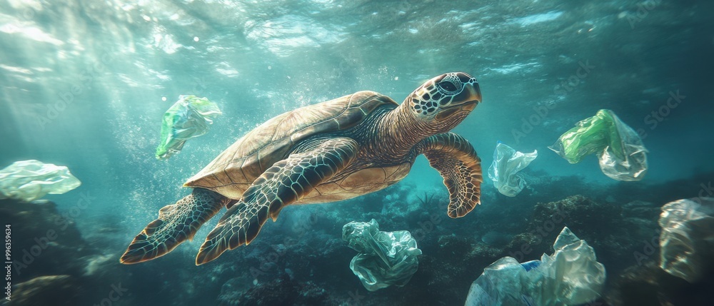 Obraz premium Turtle swimming in ocean surrounded by plastic waste, highlighting environmental pollution issues.
