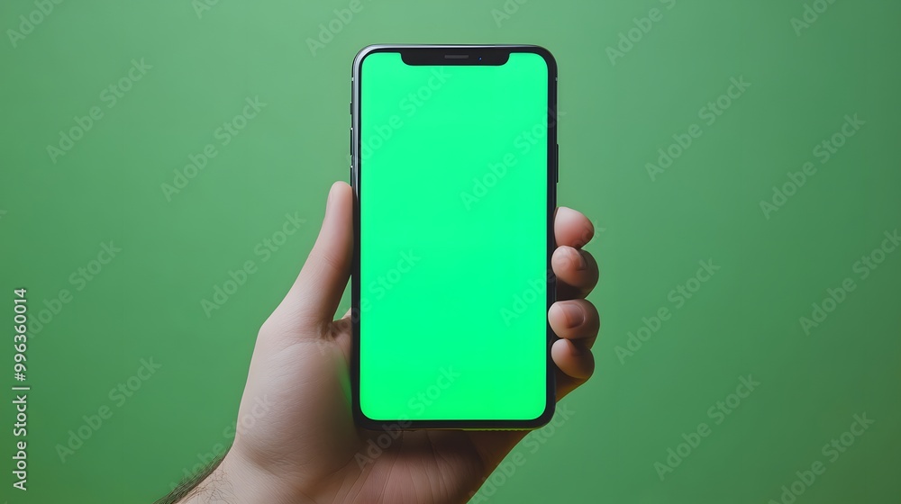 Hand holding a smartphone with a green screen. Hand holding a smartphone with a green screen.
