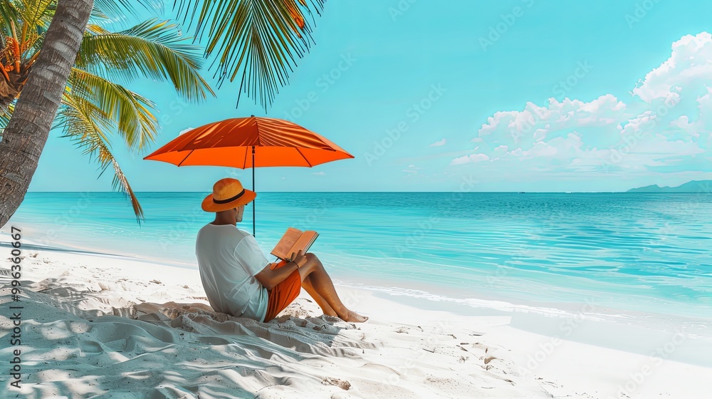 Reading book on sand beach. Man relaxing, sunbathing on summer vacation. Person reader resting on holiday. Relaxation under umbrella on sunny day. Flat vector illustration isolated on white background Reading book on sand beach. Man relaxing, sunbathing on summer vacation. Person reader resting on holiday. Relaxation under umbrella on sunny day. Flat vector illustration isolated on white background