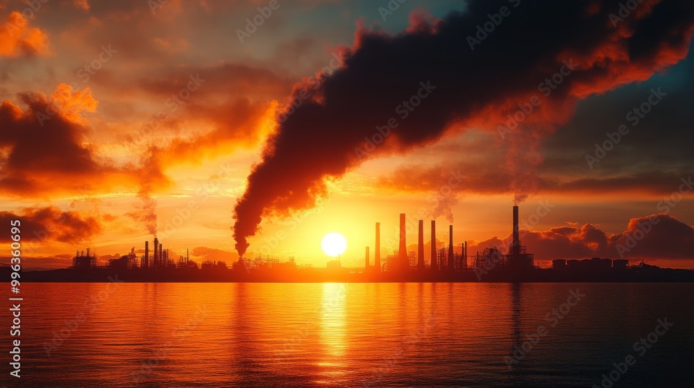 Industrial Sunset with Smoke and Water Reflection Industrial Sunset with Smoke and Water Reflection
