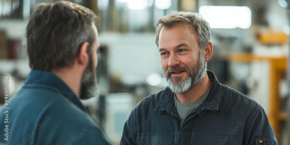Technician Collaboration on Equipment Repairs, Tools in Background, Soft Light Filtering Through Windows, Engaging Discussion Technician Collaboration on Equipment Repairs, Tools in Background, Soft Light Filtering Through Windows, Engaging Discussion