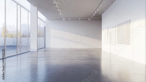 A contemporary interior featuring blank white walls and concrete floors perfect for an art exhibition or gallery illuminated with bright lighting 3D Rendering