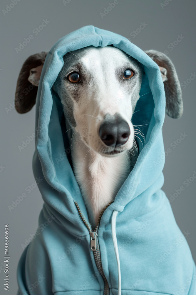 greyhound wearing blue hoodie on plain grey background greyhound wearing blue hoodie on plain grey background