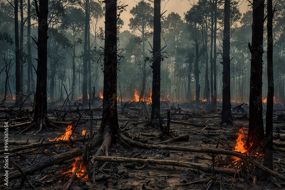A dense forest fire with billowing smoke and bright red flames engulfing forested areas. Climate change and the threat to forest ecosystems. Climate change concept. Generated AI A dense forest fire with billowing smoke and bright red flames engulfing forested areas. Climate change and the threat to forest ecosystems. Climate change concept. Generated AI