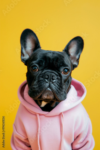 french bulldog wearing pink hoodie on plain yellow background