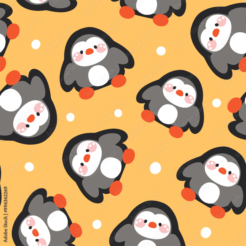 Cute hand drawn colorful yellow penguins with snow, kids seamless pattern winter background Cute hand drawn colorful yellow penguins with snow, kids seamless pattern winter background