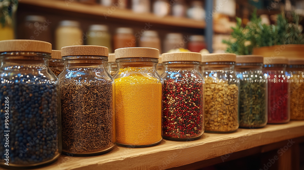 Variety of Jars with Spices and Herbs at Market Shop Variety of Jars with Spices and Herbs at Market Shop