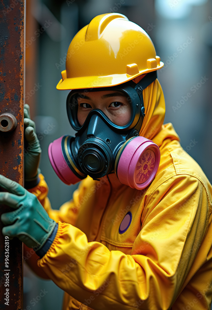 危険服と呼吸用保護具を着た人。 危険服と呼吸用保護具を着た人。